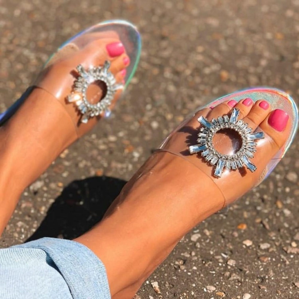 Queen bling slide sandals hologram